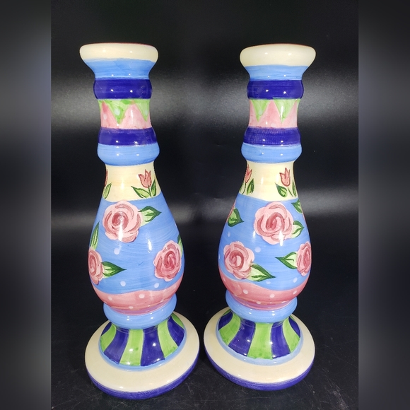 Pair of Bella Casa Multicolor Ceramic Candlestick Candle holders - Picture 3 of 8